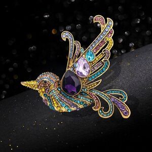 Vibrant Purple, Blue & Green Hummingbird Rhinestone Large Statement Brooch